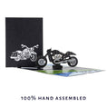 Load image into Gallery viewer, Harley Davidson Motorbike Pop Up Birthday Card - Perfect For Fathers Day Card - image of card open with cover image behind it
