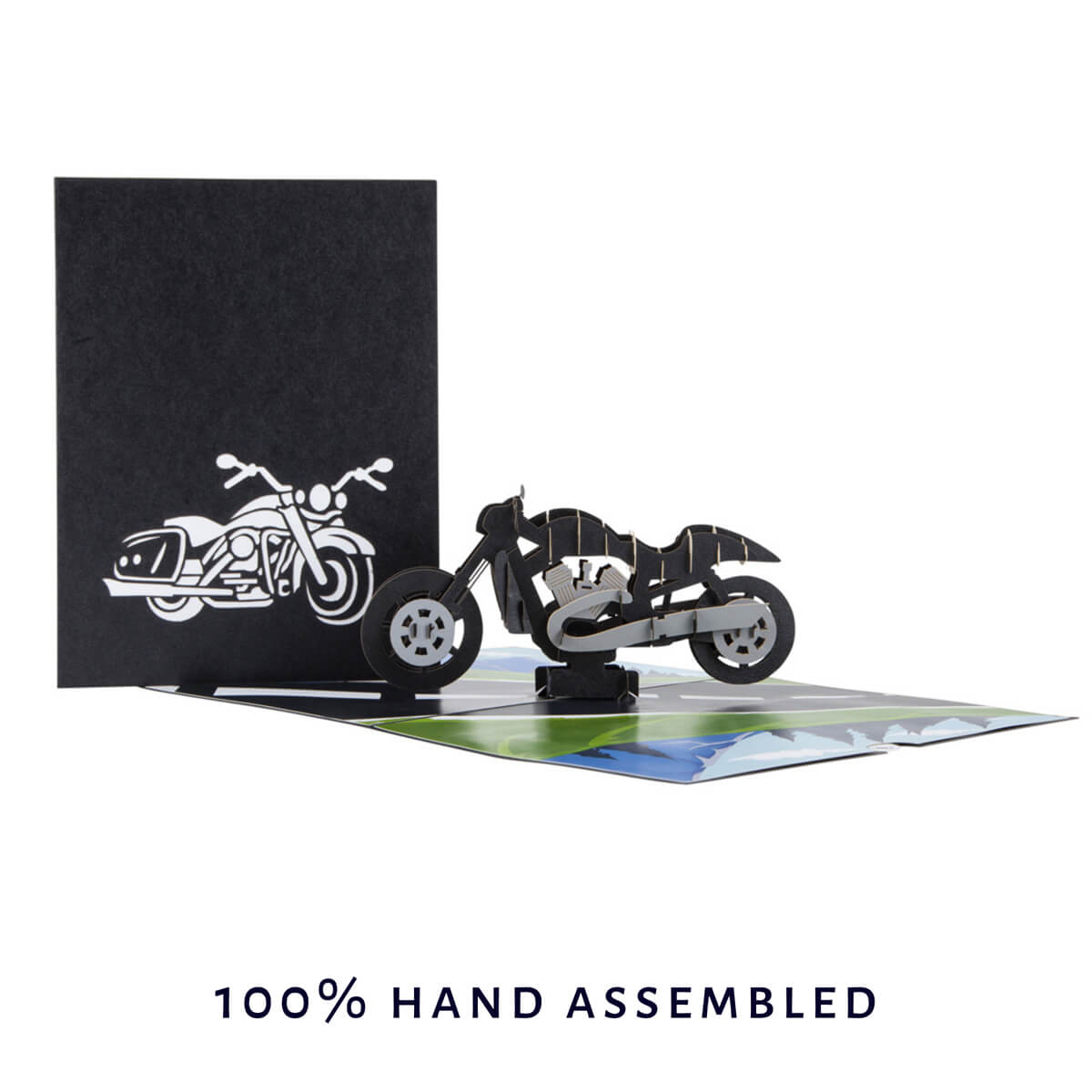 Harley Davidson Motorbike Pop Up Birthday Card - Perfect For Fathers Day Card - image of card open with cover image behind it