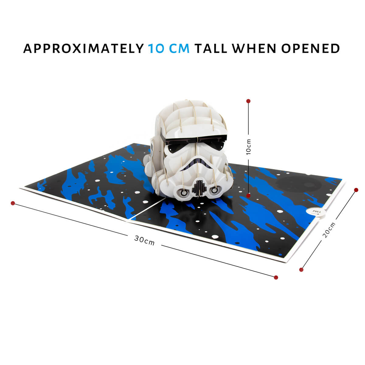 Original Stormtrooper dimensions image - when opened the dimensions are 30cm (l) x 20cm (w) and the pop up is 10cm (h)