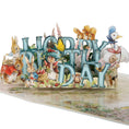 Load image into Gallery viewer, Peter Rabbit Birthday Pop Up Card Close Up Image - big Hoppy Birthday sign in Mr.McGregors garden surrounded by all characters from the iconic Beatrix Potter tale.
