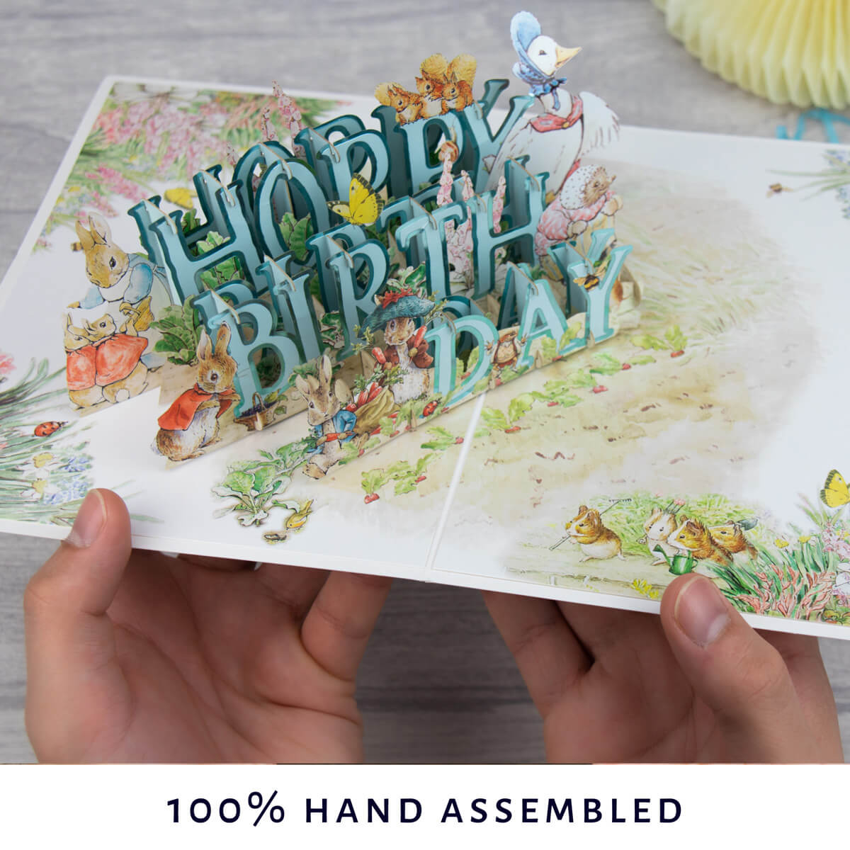 lifestyle image of hands holding the Peter Rabbit Hoppy Birthday Pop Up Card open