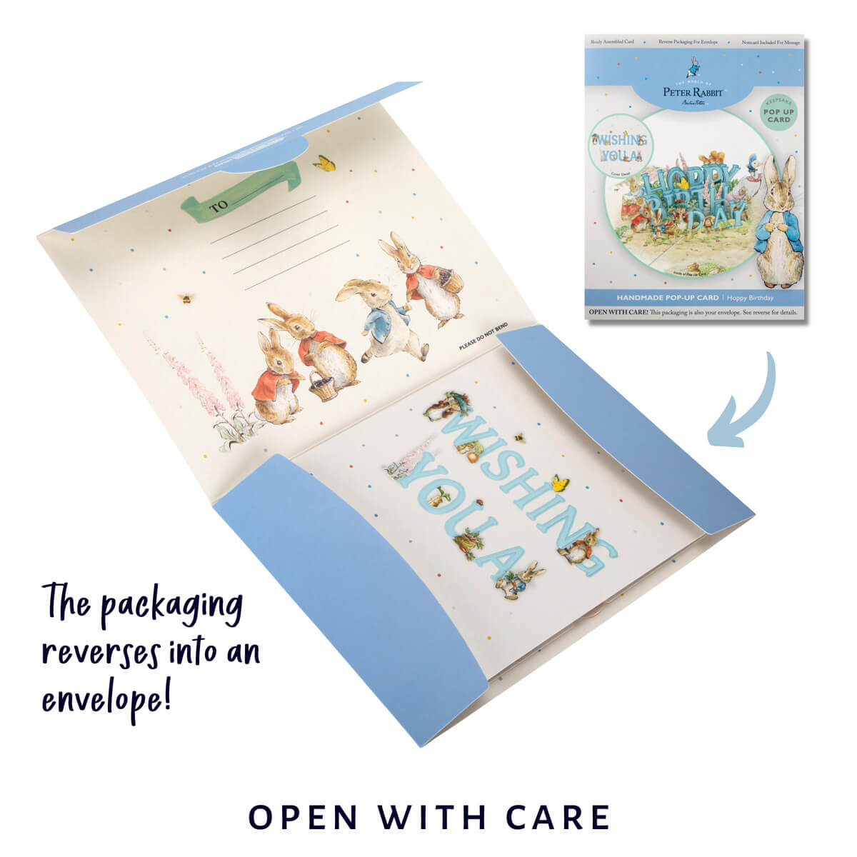 Peter Rabbit Birthday card reversible packaging which transforms into a gifting envelope