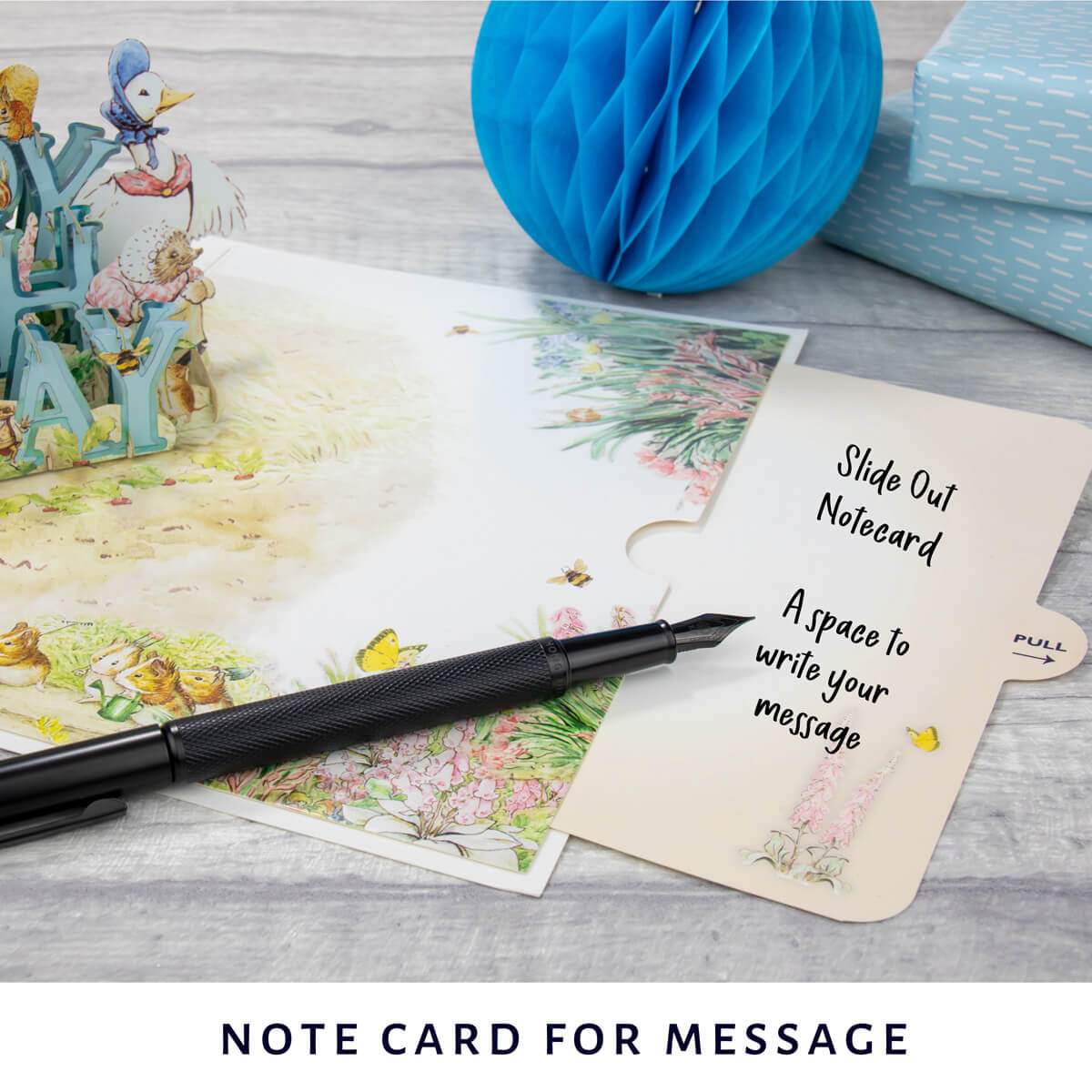 Peter Rabbit 3D Card slide out notecard which allows you to write your personal message without writing on the pop up card itself.  