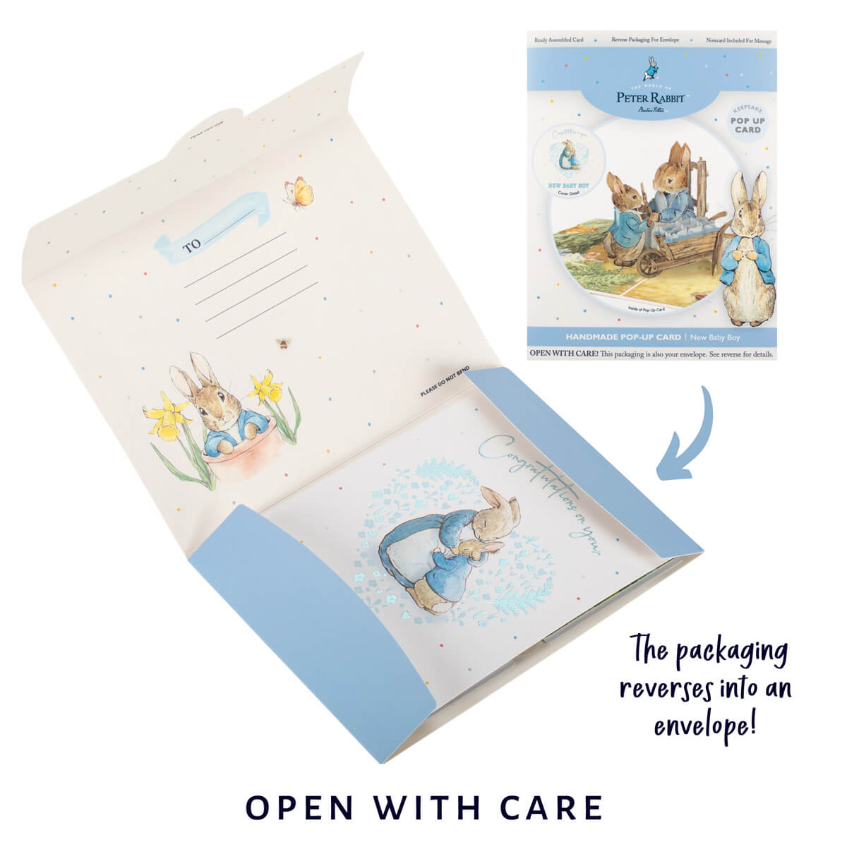 Peter Rabbit New Baby Boy Pop Up Card - Welcome Baby Boy Card - packaging reverses to become a reversible envelope  