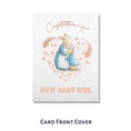 Load image into Gallery viewer, Peter Rabbit New Baby Girl Pop Up Card - Welcome Baby Girl Card - Image of card cover which reads 'Congratulations on your new baby girl' with an illustration of Peter Rabbit and his mum hugging
