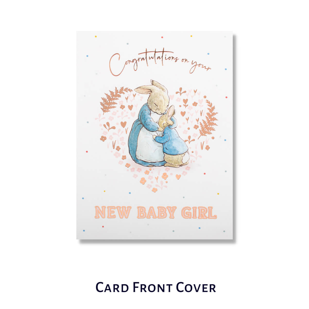 Peter Rabbit New Baby Girl Pop Up Card - Welcome Baby Girl Card - Image of card cover which reads 'Congratulations on your new baby girl' with an illustration of Peter Rabbit and his mum hugging