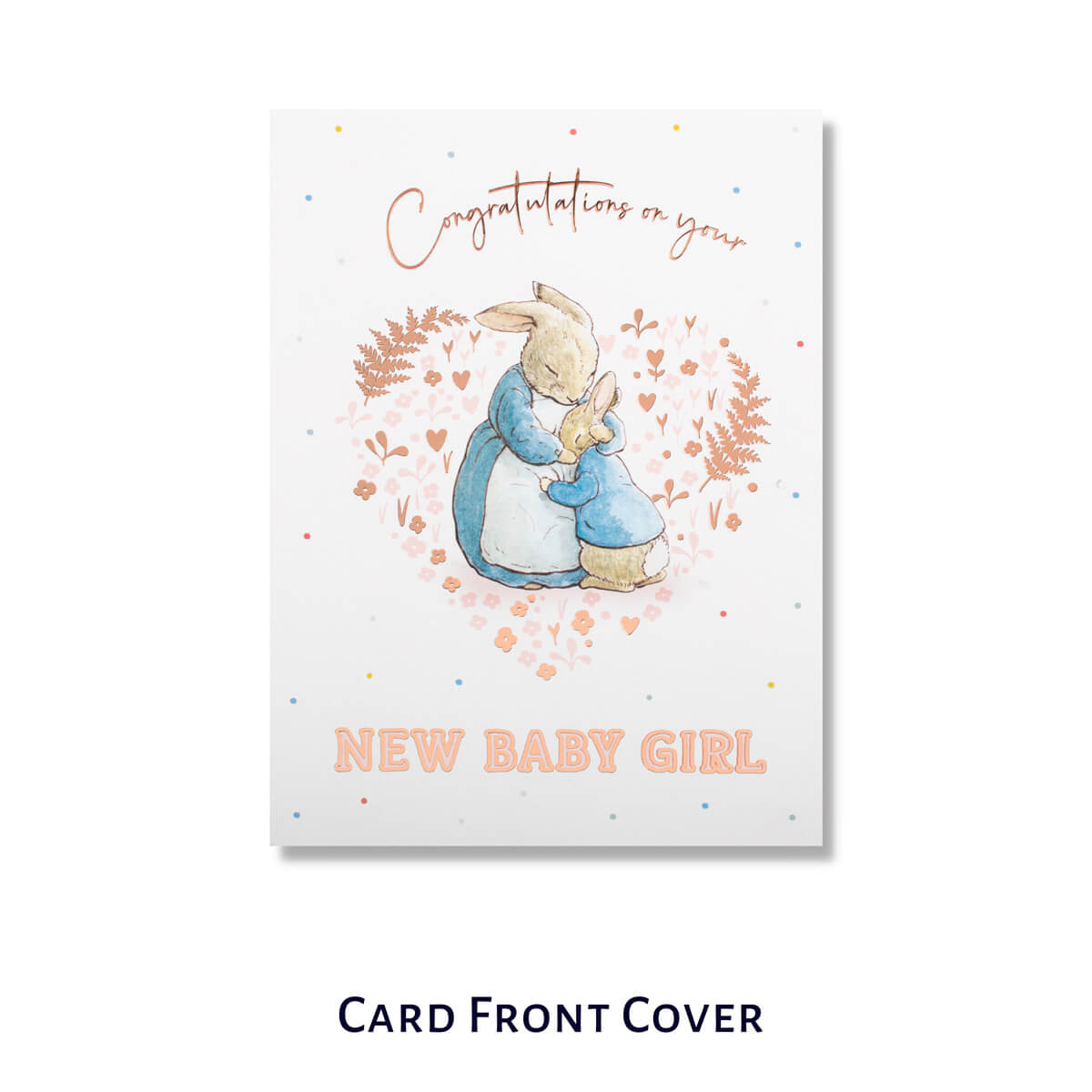 Peter Rabbit New Baby Girl Pop Up Card - Welcome Baby Girl Card - Close up image of card on a white background
