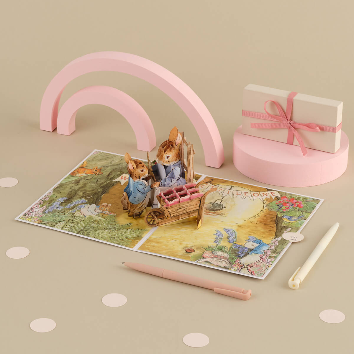 Peter Rabbit New Baby Girl Pop Up Card - Welcome Baby Girl Card - lifestyle image of 3D card