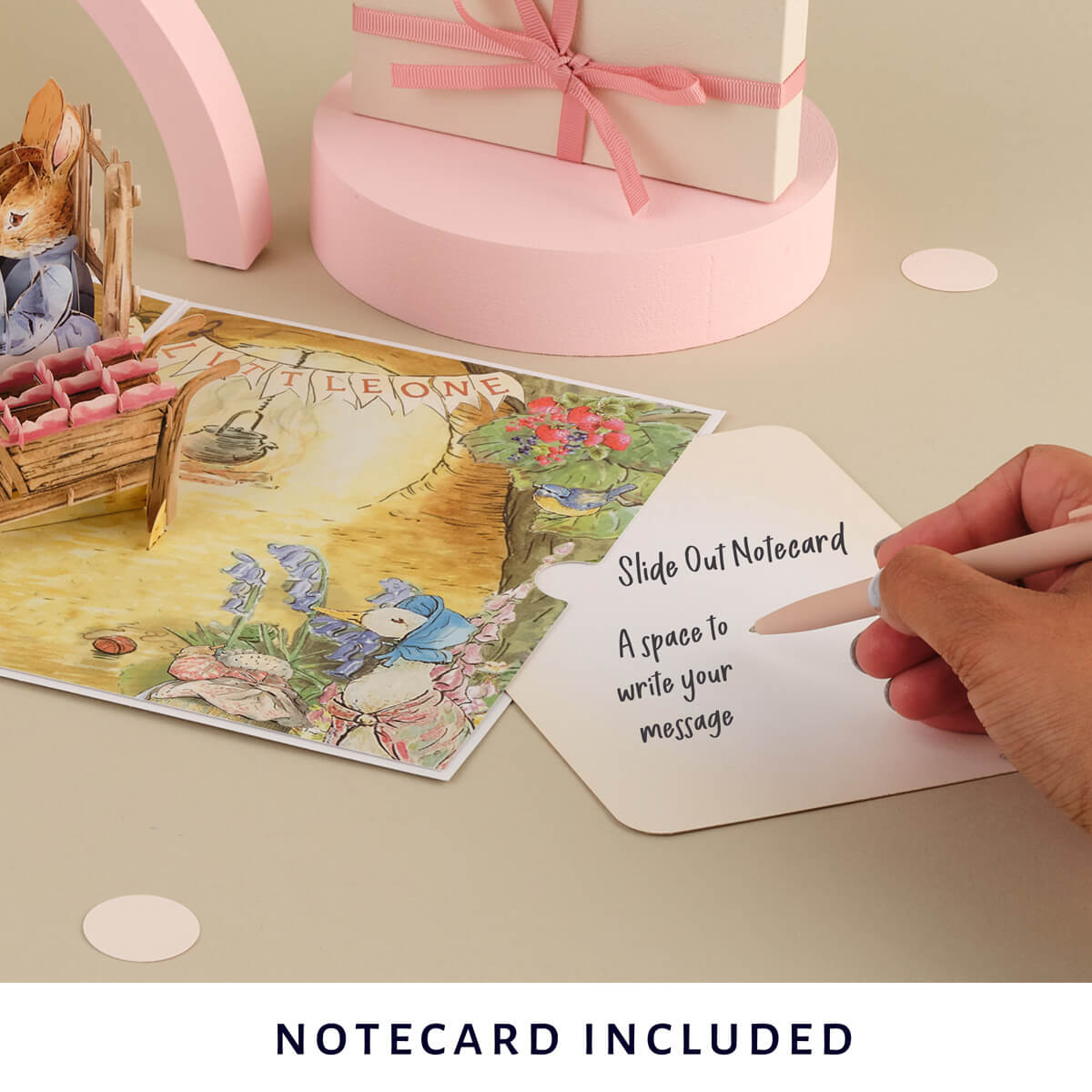 Peter Rabbit New Baby Girl Pop Up Card - Welcome Baby Girl Card - image of slide out notecard