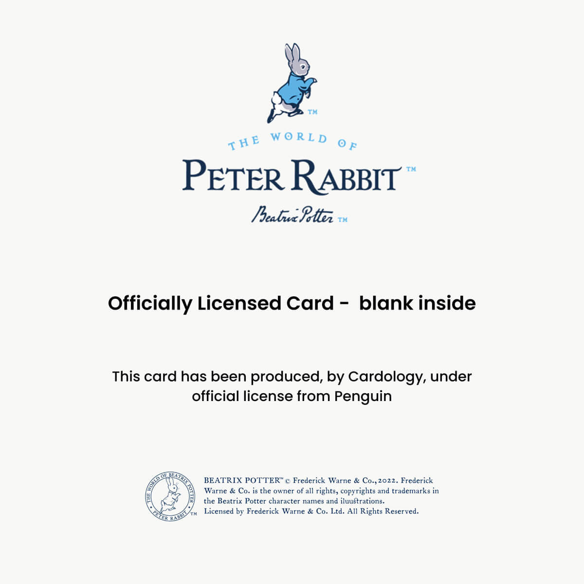 Peter Rabbit New Baby Girl Pop Up Card - Welcome Baby Girl Card - official statement which reads 'This card has been produced, by Cardology, under official license from Penguin Ventures