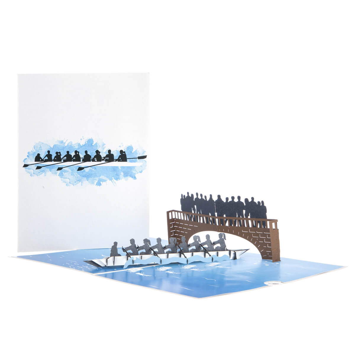 Rowing Pop Up Card - 8 Rowers Men and Women - Card Fully Open With Card Cover