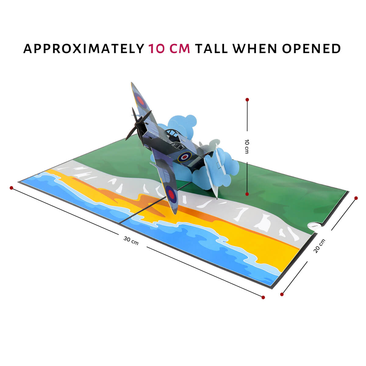 Spitfire Pop Up Card Dimensions Image - 30cm (l) x 20cm (w) x 10cm (h)