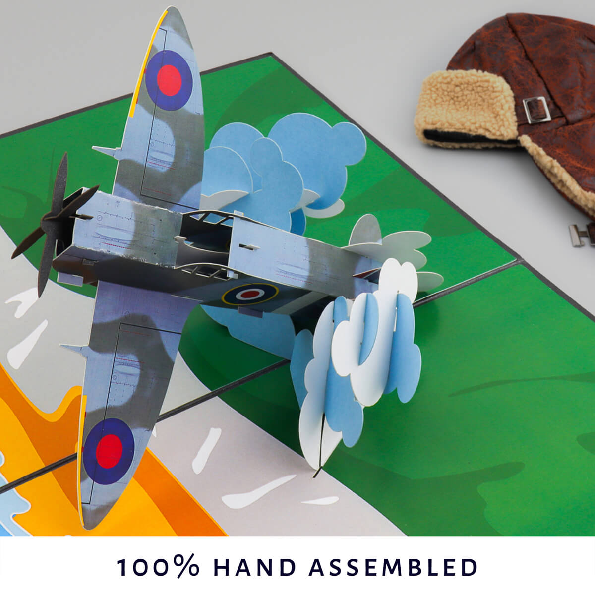 Close up image of Spitfire Pop Up Card on grey background - hand assembled