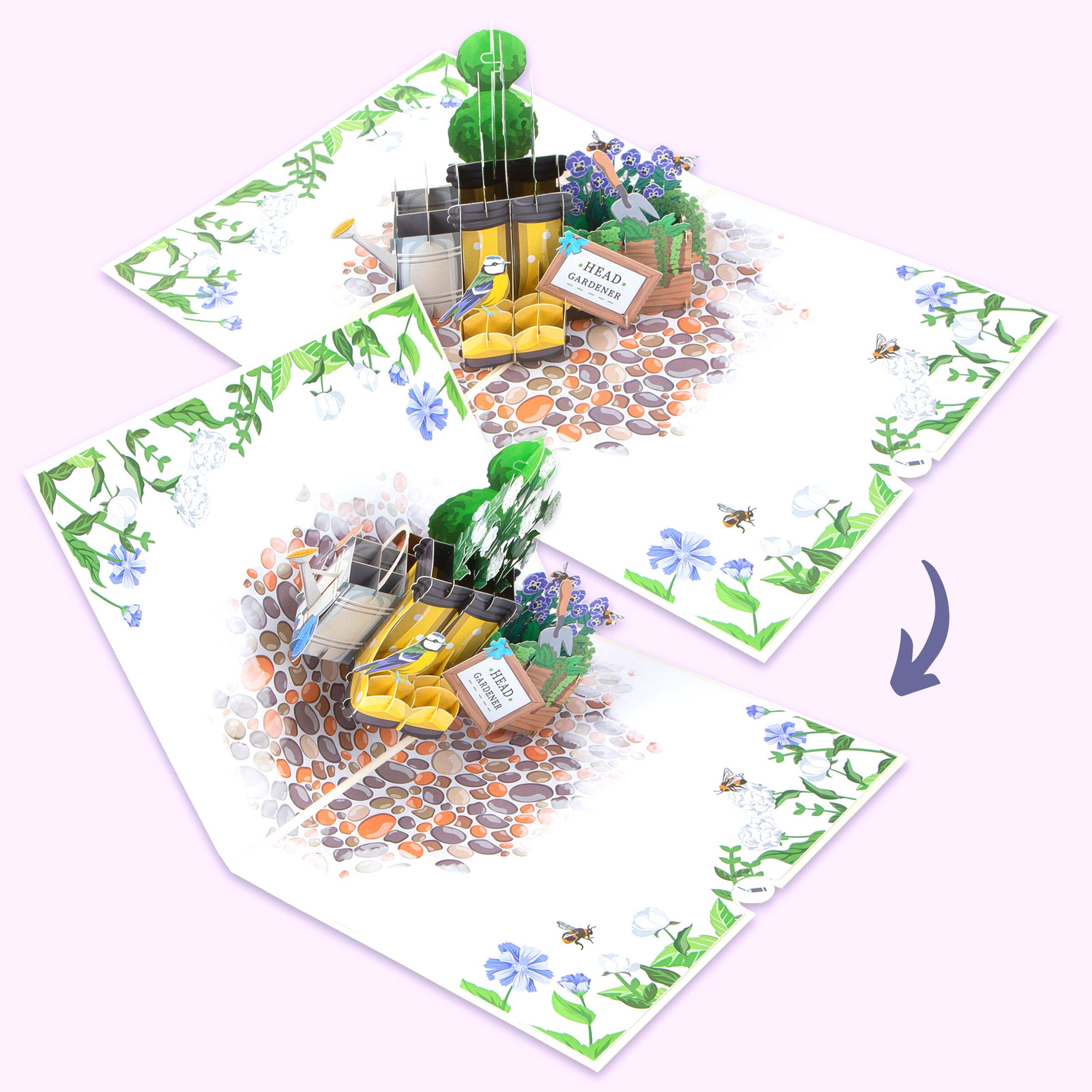 Spring Wellies Pop Up Card - Image of the 3D card closing