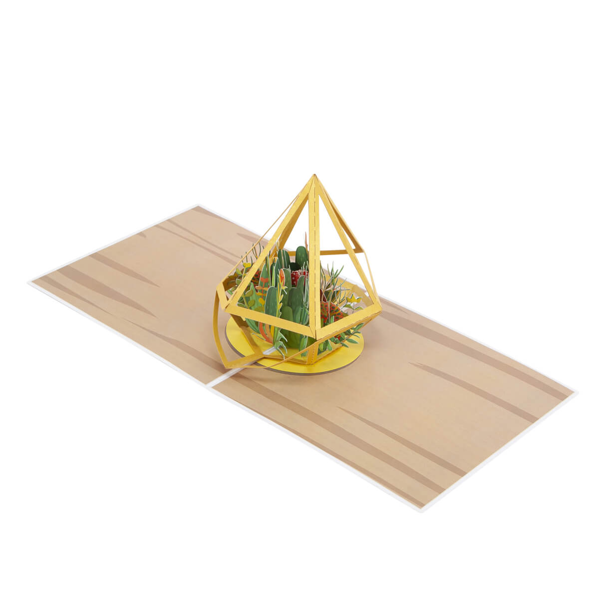 Terrarium Pop Up Card - Card Fully Open at 180 Degrees on a white surface