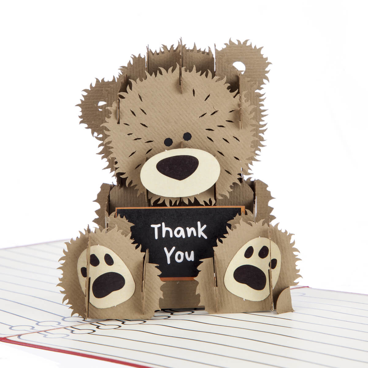 Close up image of Thank You Teacher Pop Up Card featuring a 3D brown fluffy bear holding a chalk board with Thank You written on it