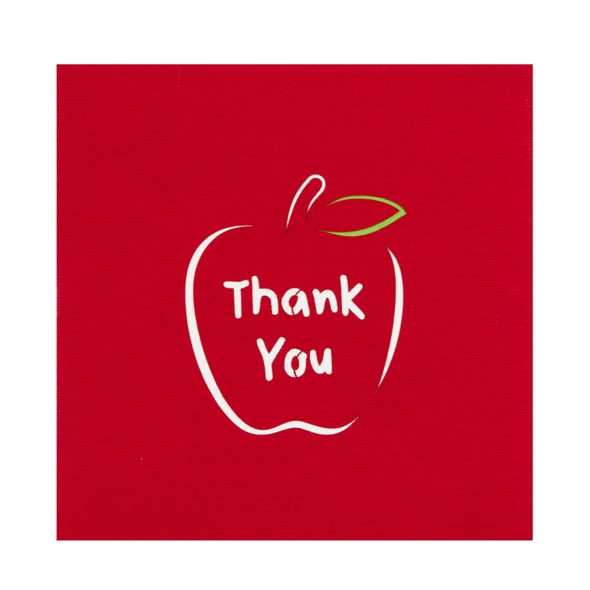 Close up image of Thank You Teacher Card Cover in red with a laser cut outline of an apple with Thank You written inside it