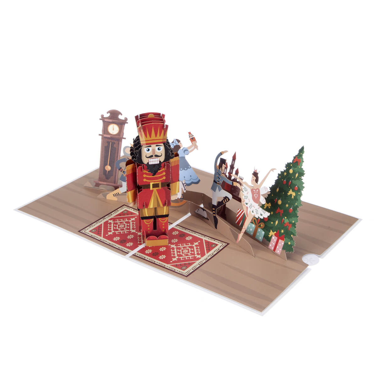 The Nutcracker Pop Up Card. Card Fully Open at 180 Degrees On White Surface