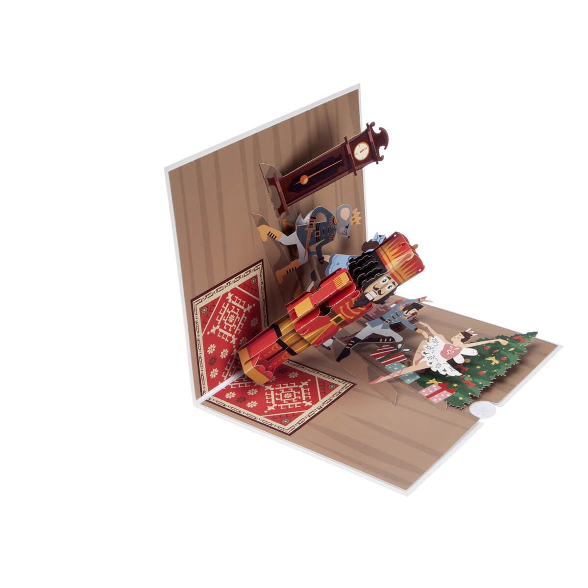 The Nutcracker Pop Up Card. Card Half  Open at 90 Degrees On White Surface