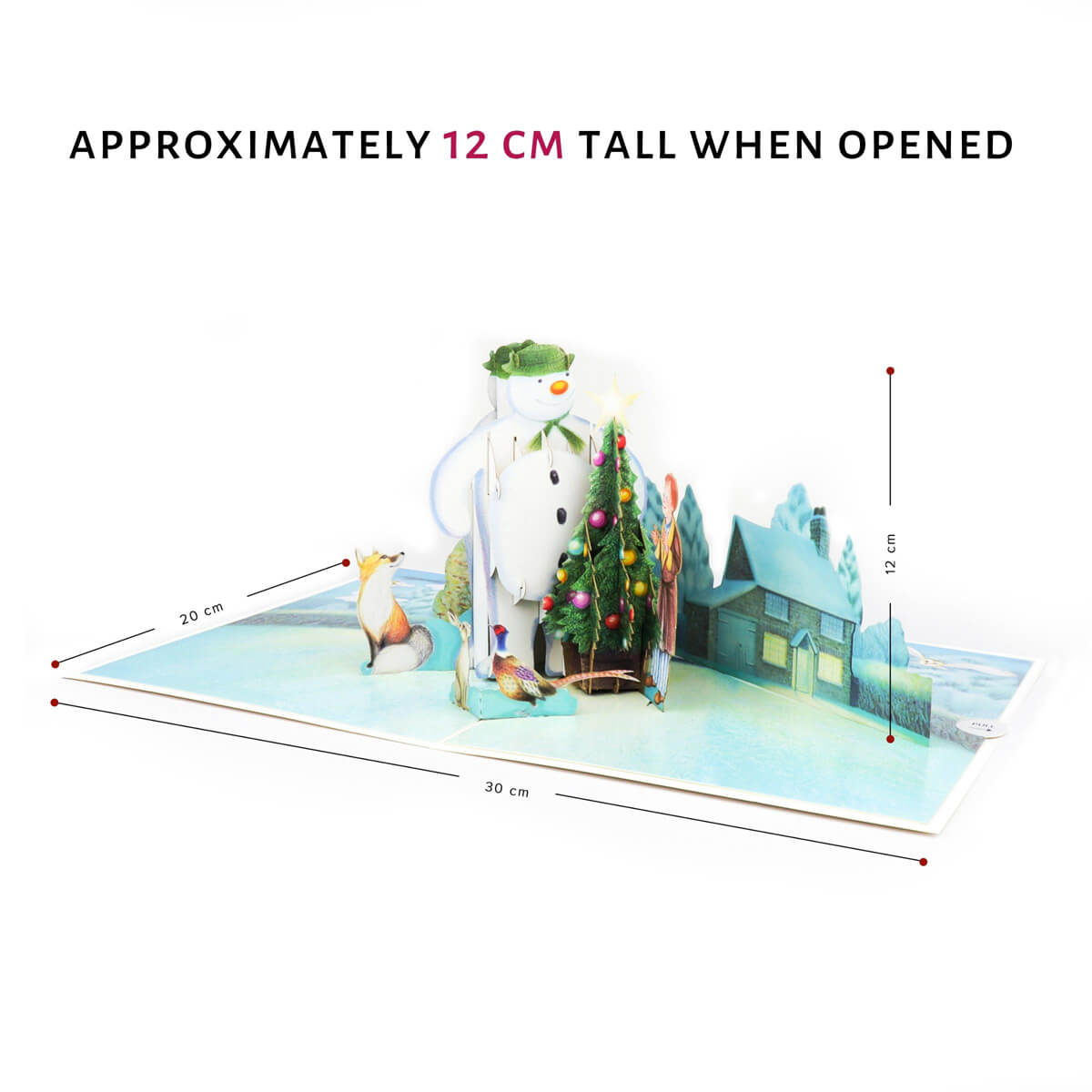 The Snowman Christmas Pop Up Card - Dimensions Image - When card is open 30cm (l) x 20cm (w) and the pop up is 12cm (h)