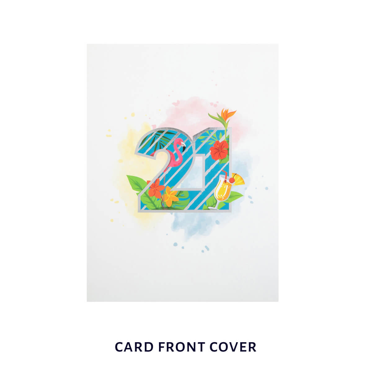 Front Cover Image of Tropical 21st Birthday Card. White card with soft pastel watercolours, with a bold 21 in silver foiling in the middle.