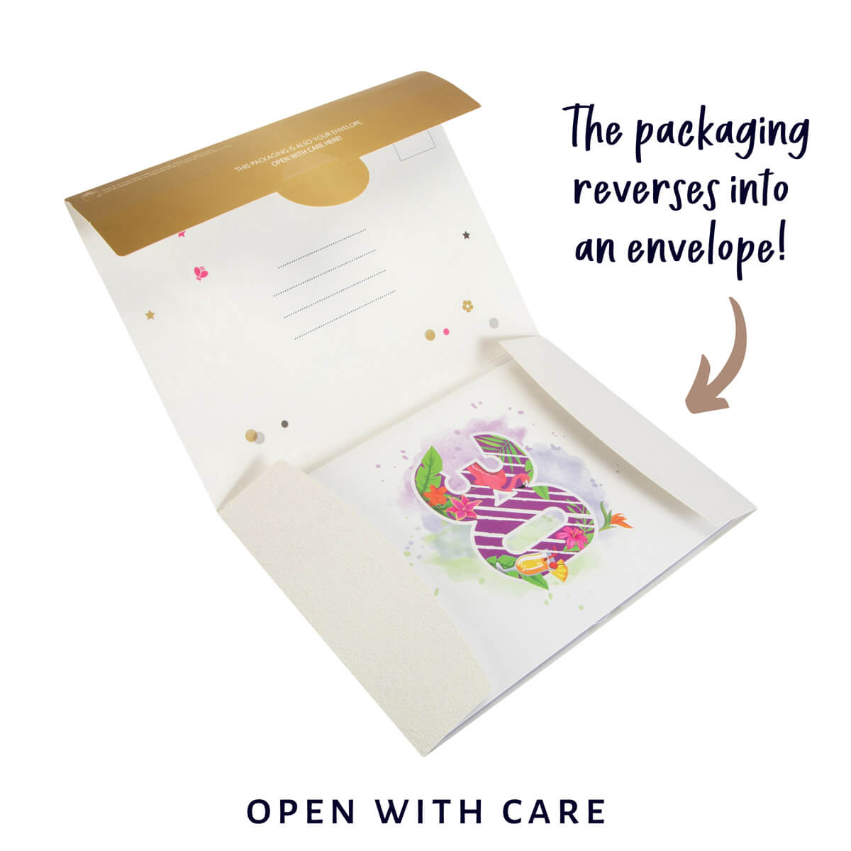tropical 30th birthday pop up card reversible eco packaging that becomes a gifting envelope