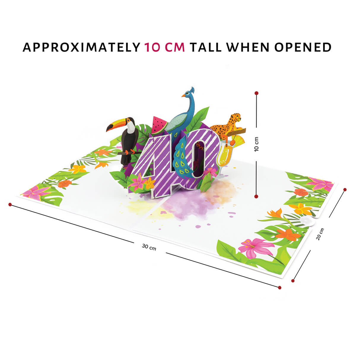 40th birthday pop up card dimensions. When opened the card dimensions are 30cm length by 20cm width. The pop up is approximately 10cm high