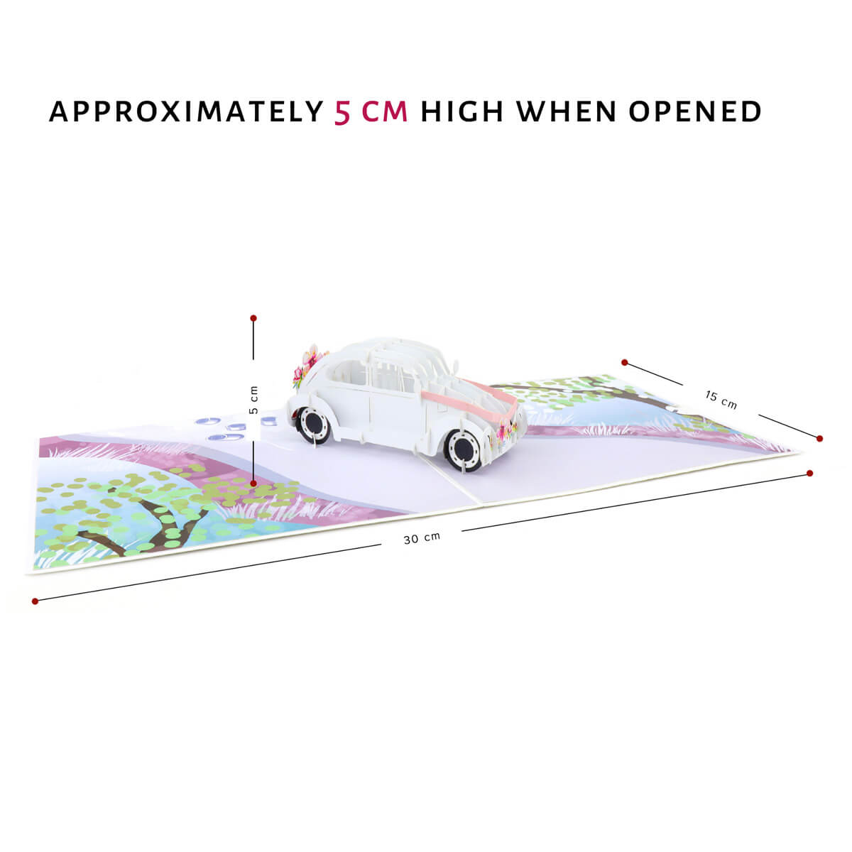 Wedding Car Pop Up Card Dimensions Image - 15cm x 30cm x 5cm (high) when open