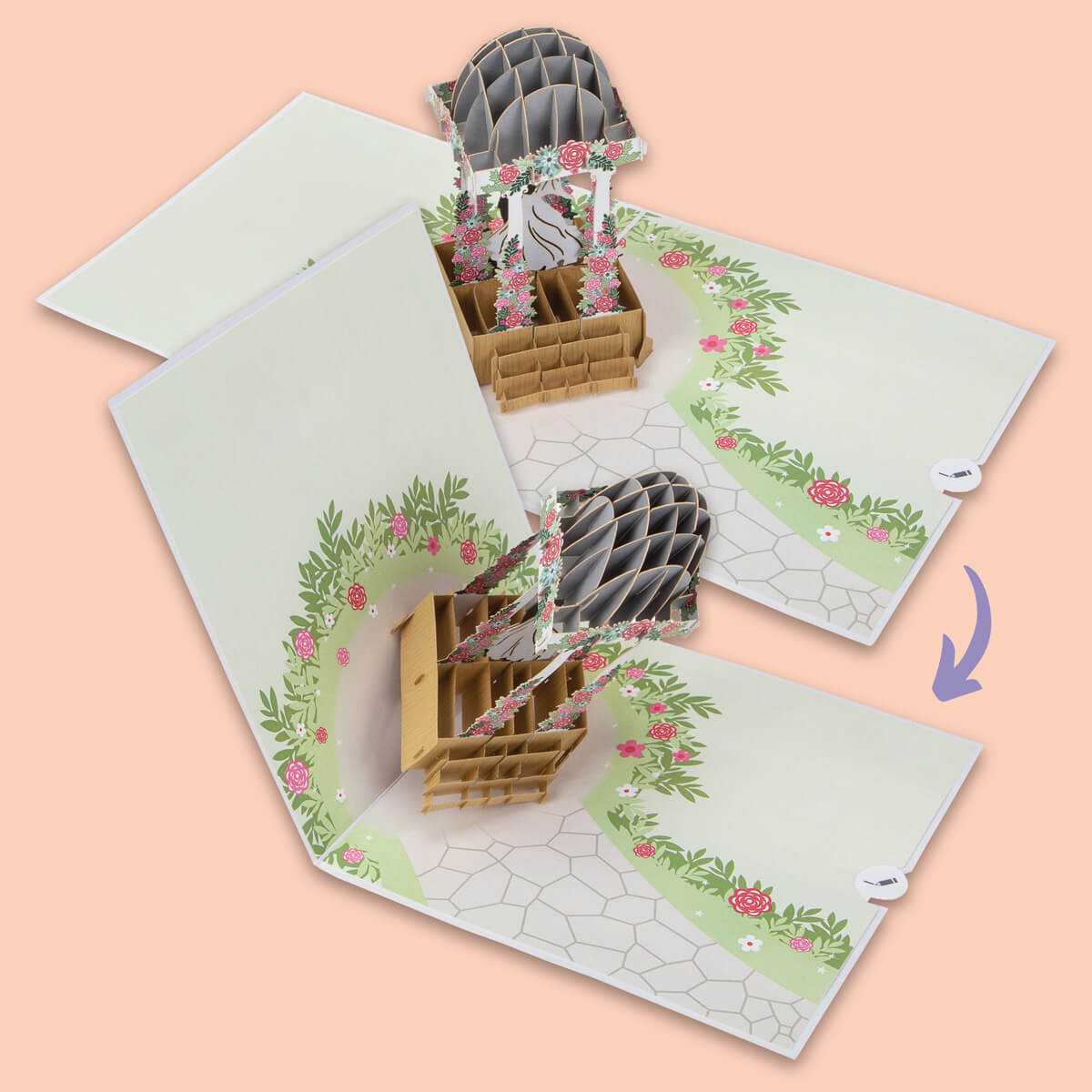 Image of Wedding Pagoda Pop Up Card closing at 180 degrees and at 90 degrees