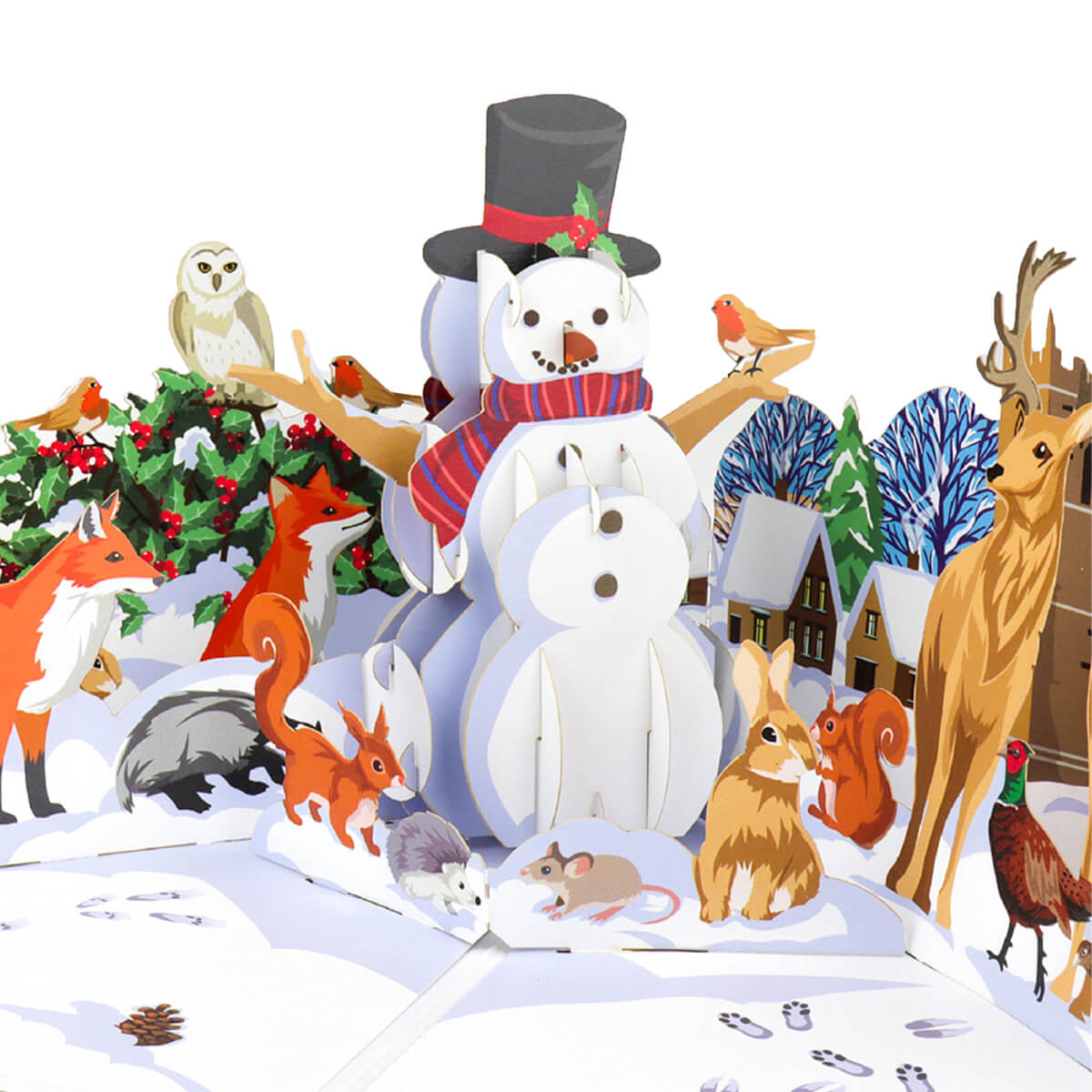 Christmas Pop Up Cards UK Winter Woodland Card featuring a 3D snowman surrounded by British woodland wildlife