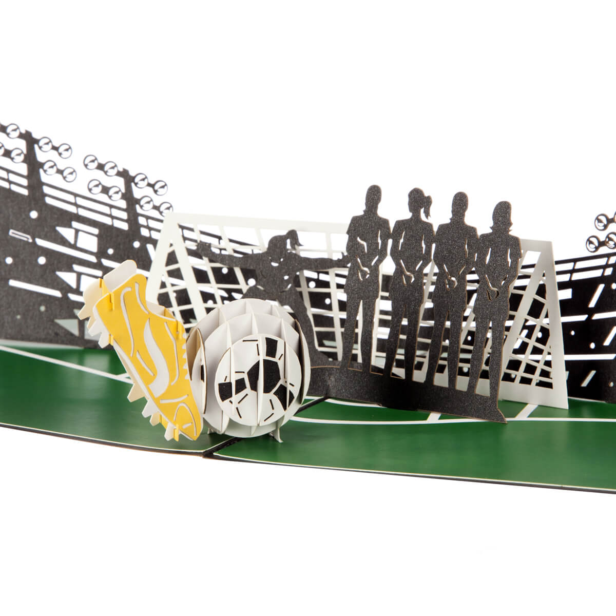 Close up image of womens football pop up birthday card featuring a 3D football and boot taking a penalty into a line of female defenders and goalkeeper